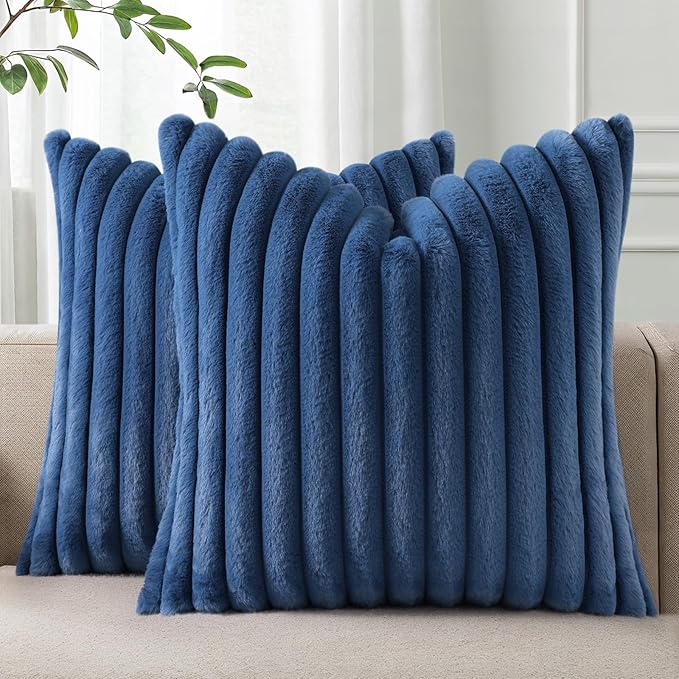 Pallene Faux Fur Plush Throw Pillow Covers 22x22 Set of 2, Luxury Soft Fluffy Striped Decorative Pillow Covers for Sofa, Couch, Living Room, Navy Blue