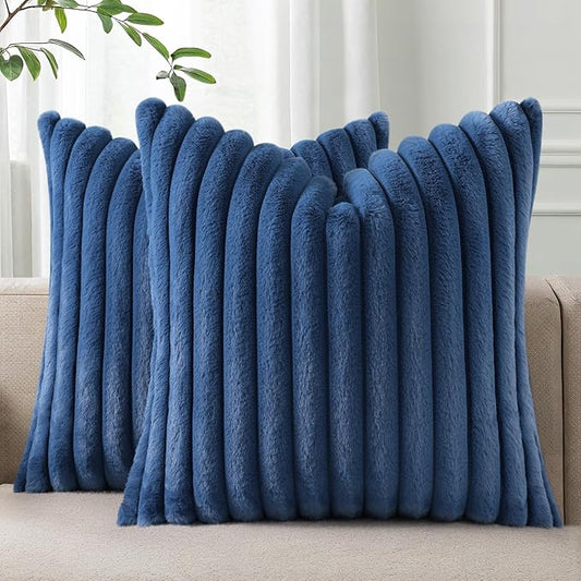 Pallene Faux Fur Plush Throw Pillow Covers 26x26 Set of 2, Luxury Soft Fluffy Striped Decorative Pillow Covers for Sofa, Couch, Living Room, Navy Blue