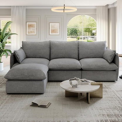 94.6" Cloud Modular Sectional Sofa, Waterproof Down Filled Sectional Sofas, High Backrest L Shaped 3 Seater Sectional Couches with Ottoman, Modular Couch with Removable Cover, Dark Gray