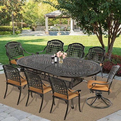 MEETWARM 9-Piece Outdoor Patio Dining Set for 8, All-Weather Cast Aluminum Patio Table and Chairs Set with 1 Oval Table, 6 Stackable Patio Chairs, 2 Swivel Rocker Chairs, 8 Cushions, 2" Umbrella Hole