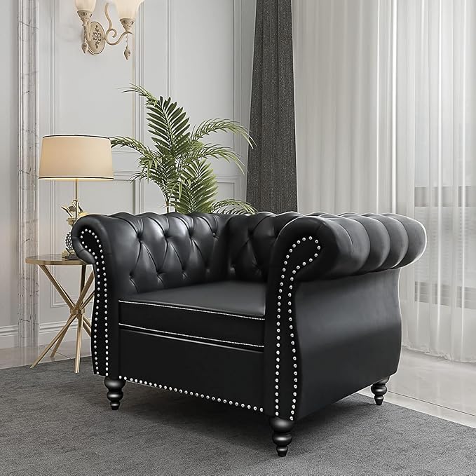 Living Room Chair, Modern Leather Chesterfield Sofa Chair, Mid Century Single Sofa Couch Chair with Tufted Back and Rolled Arms, Accent Sofa Chair for Living Room Apartment, Black