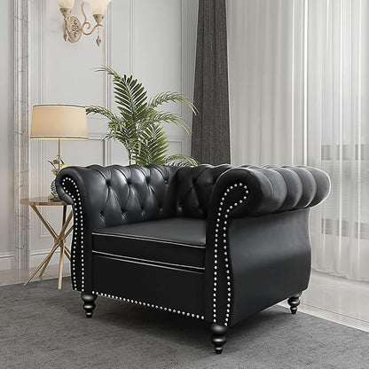 Living Room Chair, Modern Leather Chesterfield Sofa Chair, Mid Century Single Sofa Couch Chair with Tufted Back and Rolled Arms, Accent Sofa Chair for Living Room Apartment, Black
