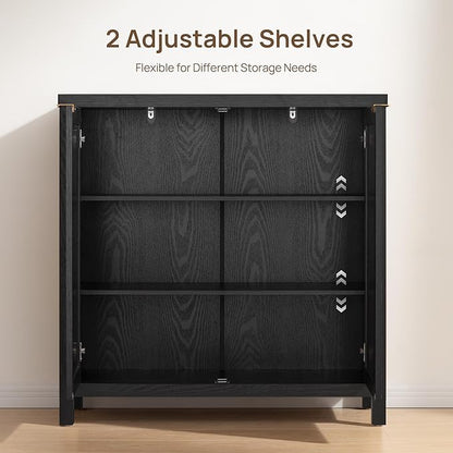 SICOTAS Sideboard Buffet Storage Cabinet - Boho Rattan Credenza Coffee Bar Cabinet with Large Storage, Farmhouse Console Buffet Table for Kitchen Living Room Entryway - 2 Black Pieces