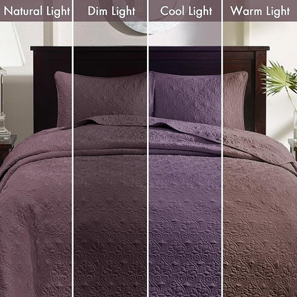 Madison Park Quebec Reversible Damask Design, Double Sided Quilting All Season, Lightweight Coverlet Bedspread Bedding Set, Matching Shams, King(120"x118"), Purple