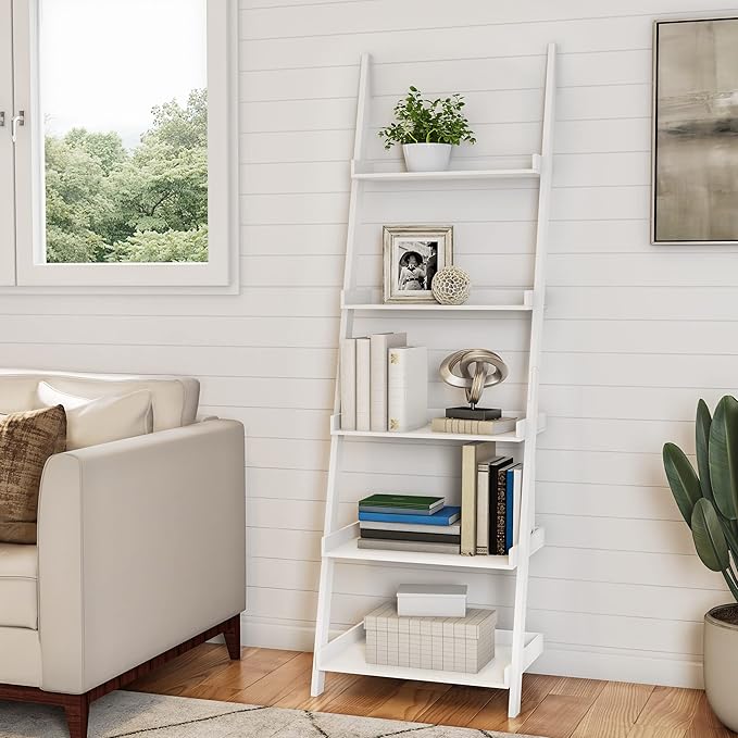 Lavish Home Bookshelf - 5-Tier Ladder Shelf with Leaning Look - Bookcase for Home Decor and Office Storage - Freestanding Book Shelves (White)
