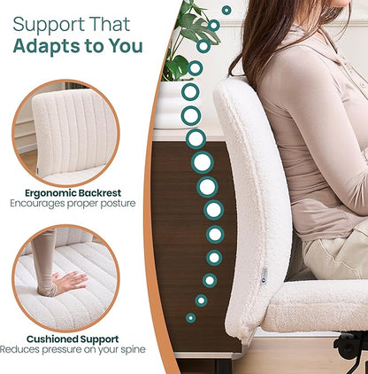 NYPOT Armless Desk Chair with Wheels for Criss Cross Sitting - Cross Legged Wide Armless Chair - Adjustable Vanity 360° Swivel Stool and 120° Rocking Wide Seat Comfy for Home and Office, White Sherpa