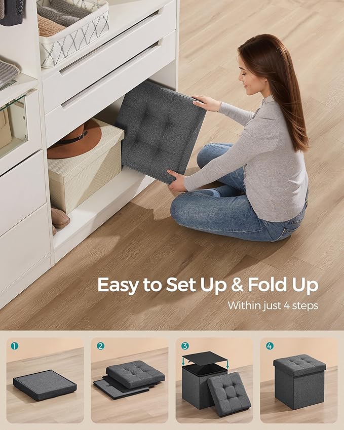 SONGMICS Storage Ottoman, Foldable Small Ottoman Foot Rest, 15 Inches Foot Stool, Cube Ottoman with Storage, Load up to 660 lb, for Living Room, Bedroom, Dorm, Dark Gray ULSF27Z