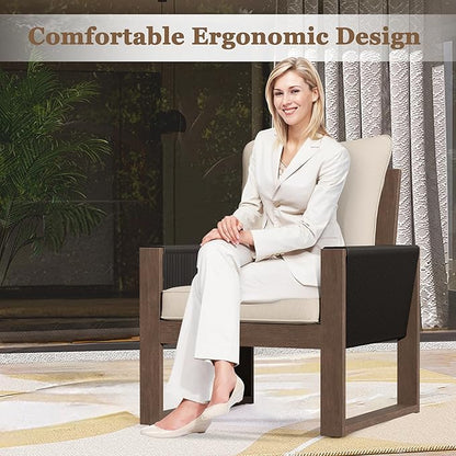 Patio Chairs 3 Piece Wood Patio Furniture with Coffee Table & Cushions, PE Wicker Outdoor Conversation Set Balcony Chairs for Garden, Porch, Deck, Backyard