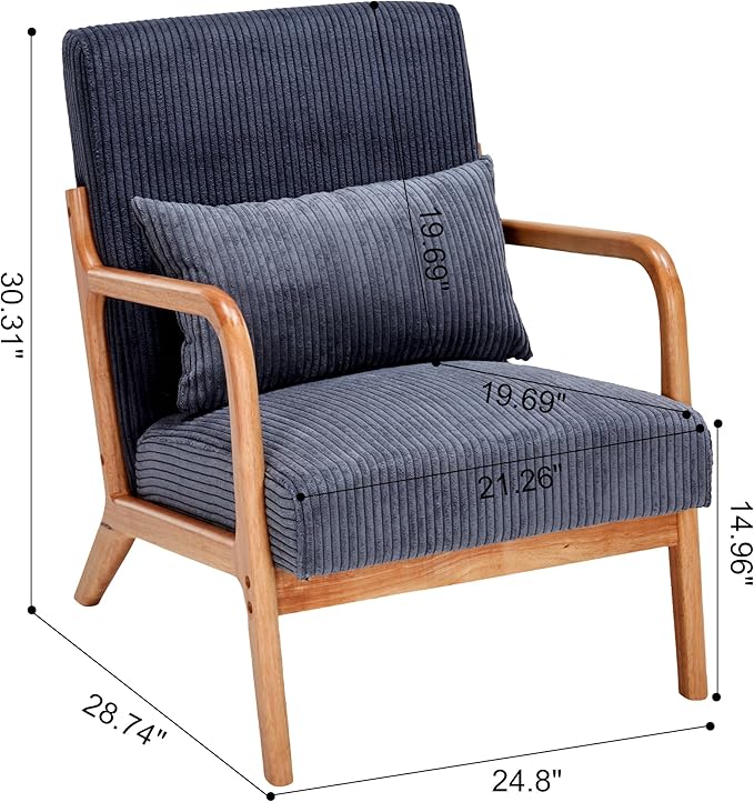 Accent Chairs, Mid-Century Modern Chair with Pillow, Armchair with Solid Wood, Reading Relaxing Leisure Chair for Living Room（Dark Grey）