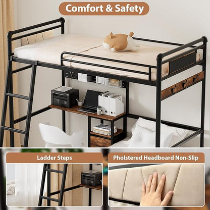 Bunk Bed Twin Over Twin, Industrial Heavy Duty Metal Bed with LED Lights & Charging Sation, bunk beds for Kids, School, Bedroom, Safety Guardrail and Ladder