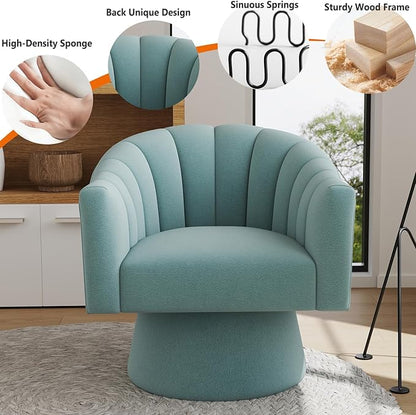 Swivel Accent Chair,Upholstered Velvet 360° Swivel Barrel Chair for Living Room Overstuffed Bouncle Reading Chair Round Armchair for Bedroom,Vanity,Office(Blue)