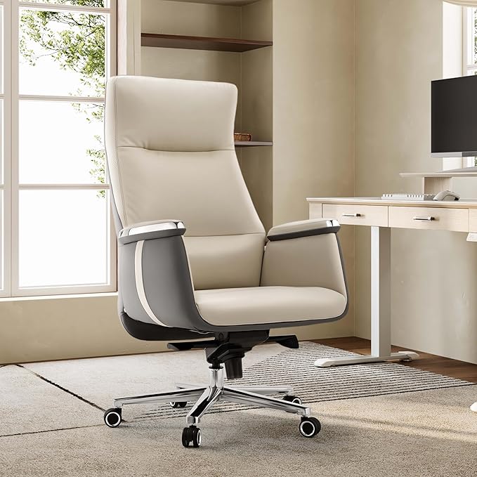 EUREKA ERGONOMIC Royal II Executive Office Chair High Back, Big and Tall with Extra Wide Seat, Silicone Leather Desk Chair Computer Chair, Modern Office Chair Home Office Desk Chairs - Beige Gray