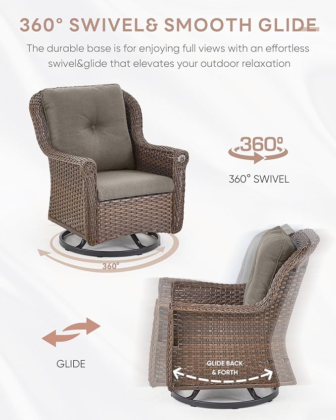 Patio Chairs Outdoor Swivel Glider - Set of 4 High Back Outside Brown Wicker Rattan Rocking Chair with Thick Cushion for Porch Apartment Deck Yard Poolside Garden - Grey