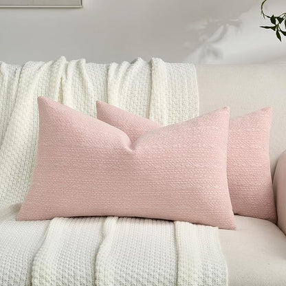 FUTEI Pink Chenille Throw Pillow Covers 12x20 Inch Set of 2,Soft Striped & Diamond Textured Lumbar Pillow Cases,Modern Home Decor for Couch Living Room