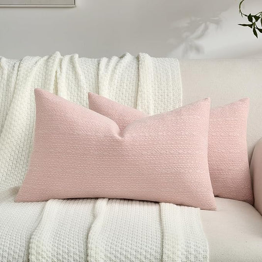 FUTEI Pink Chenille Throw Pillow Covers 12x20 Inch Set of 2,Soft Striped & Diamond Textured Lumbar Pillow Cases,Modern Home Decor for Couch Living Room