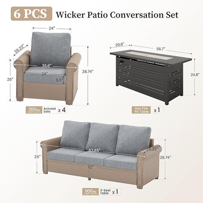 Patio Furniture Set 6 pcs, Wicker Rattan Outdoor Furniture with 5.5” Thick Cushions, 3-Seat Sofa, 4 Chairs and 56" Fire Pit Table, Outdoor Conversation Set for Garden Backyard Deck, 7 Seats Grey
