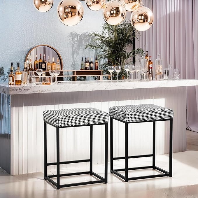 MAISON ARTS Bar Stools Set of 4 | Counter Height Bar Stools for Kitchen Island | 24" Backless Modern Bar Height Stools with Houndstooth Pattern
