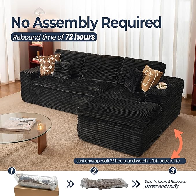 106" Oversized Couch Sofa, L Shape Couches for Living Room, No Assembly Required Plush Velvet Sectional Sofas with Right Facing Chaise for Home Apartment