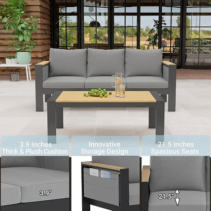 Corinth 2-Piece Aluminum Patio Conversation Set - Outdoor, Porch, Balcony, Yard, Gardern, All Weather, 1 Ergonomic Design 3 Seater Sofa and 1 Coffee Table, Grey