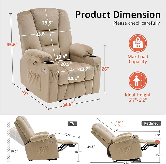 MCombo Large Power Lift Recliner Chair Sofa with Massage and Heat for Big and Tall Elderly People, 3 Positions, Cup Holders, and USB Ports, Fabric 7549 (Large, Beige)