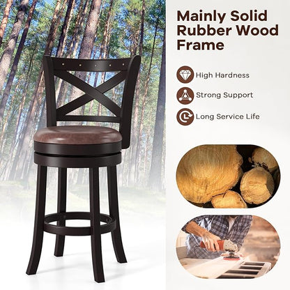 COSTWAY Bar Stools Set of 4, 26" Swivel Counter Height Bar Chairs with Copper Nails, Upholstered Seat, X-Shaped Backrest, Solid Rubber Wood Frame, for Kitchen Island Pub Bar