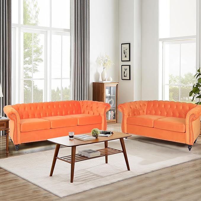 Velvet Loveseat Sofa, Mid Century Modern Upholstered Couch, 62" Oversized Comfy 2 Seater Love Seat Couch with Cushions, Tufted Chesterfield Sofa for Living Room, Bedroom, Apartment (Orange)