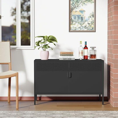 Black Wide Metal Locker Storage Cabinet, 2 Door Accent Cabinet for Home and Office, 2 Tier Low Metal Cabinet With Doors and Shelf, Multipurpose TV Stand