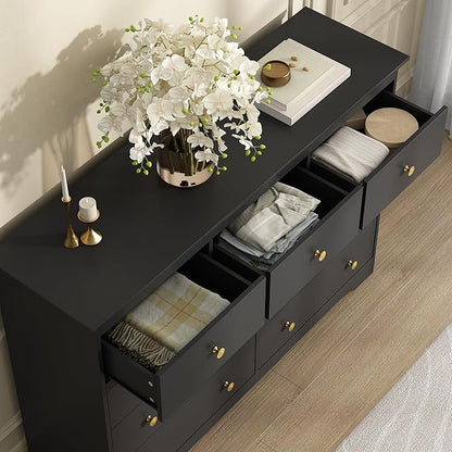 Black Dresser for Bedroom, 9 Drawer Dresser with Large Drawers, 55 Inch Wide Wood Chest for Living Room, Hallway