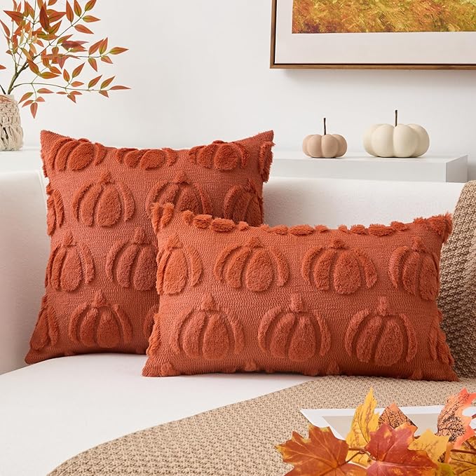 Kevin Textile Fall Pillow Covers 16x16 Inch Set of 2 Soft Pumpkins Decorative Square Pillowcases Plush Autumn Faux Fur Cushions Harvest Gift for Couch Sofa Chair Bedroom Home Decor, Rust