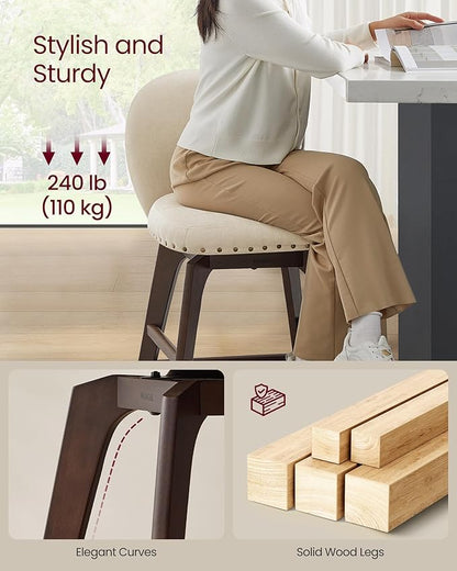 VASAGLE Bar Stools Set of 4, Swivel Counter Height Bar Stools with Back and Wood Legs, Chenille Fabric Upholstered Barstools, 26.2-Inch Tall Counter Barstools for Kitchen Island, Cappuccino Beige
