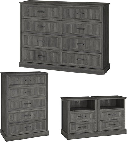 Farmhouse Dresser and Nightstand Sets, 4Pcs Bedroom Furniture Set, Nightstand Set of 2 & 55" Wide 8 Drawer and 44" Tall 5 Drawer Dresser with Large Drawers & Bar Handles, Grey