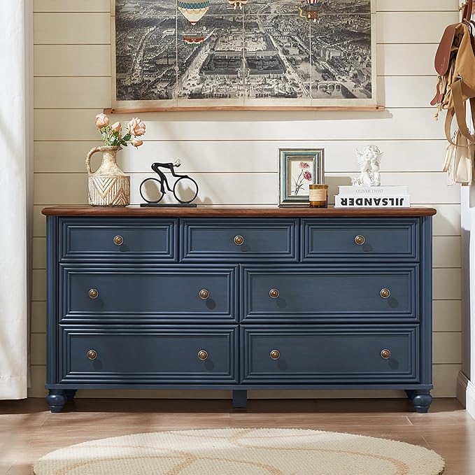 7 Drawers Dresser for Bedroom, Farmhouse 54" Wide Wood Dressers Chest of Drawers, Vintage Design TV Stand, Rustic Storage Dresser Organizer with Metal Handle Closet for Living Room, Hallway