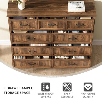 CARPETNAL Farmhouse Dresser and Nightstand Sets for Bedroom, 4 Pcs Bedroom Set, 5 Drawer & 9 Drawer Dresser and Nightstand Set of 2, Wood Chest of Drawers for Living Room, Entryway, Brown