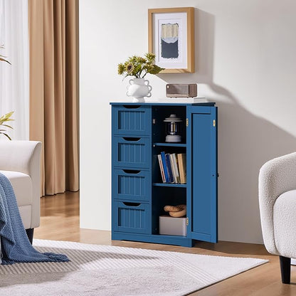 Yaheetech Wooden Bathroom Floor Cabinet, Side Storage Organizer Cabinet with 4 Drawers and 1 Cupboard, Freestanding Entryway Storage Unit Console Table, Bathroom Furniture Home Decor, Navy Blue