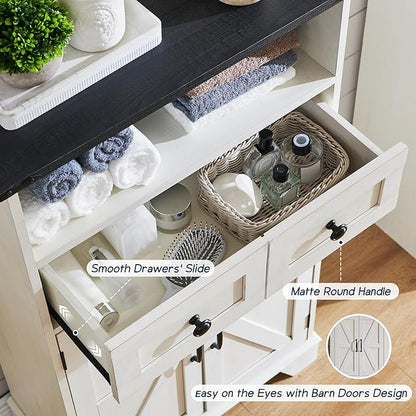 ACCOHOHO Bathroom Floor Cabinet, Farmhouse Storage Cabinet, 24" Wide Cabinet with Drawer, Adjustable Shelf, Barn Doors, Cabinets for Bathroom, Kitchen, Living Room, Off White