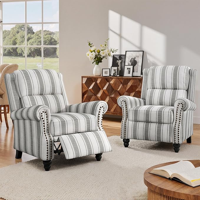 Lumibee Pushback Recliner Chair,Upholstered Wingback Chair for Small Spaces,2 Set of Floral Fabric Armchair for Living Room,Single Sofa Accent Chair Reading Seat for Balcony,Bedroom-Striple Gray