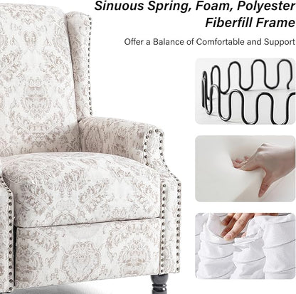 Recliner Chair, Upholstered Wingback Floral Pushback Armchair with Adjustable Backrest & Footrest, Comfy Accent Chair Reading Single Sofa for Small Spaces, Living Room, Bedroom (Beige, Set of 1)