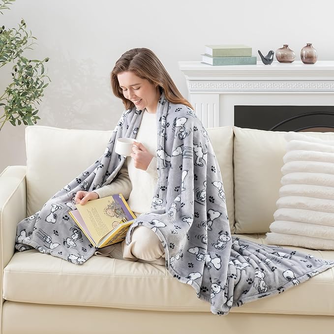 Berkshire Blanket Peanuts® VelvetLoft® Cute Character Snoopy Plush Throw Blanket,Peanuts Poses and Paws Grey,Throw 55 in x 70 in (Official Peanuts® Product)