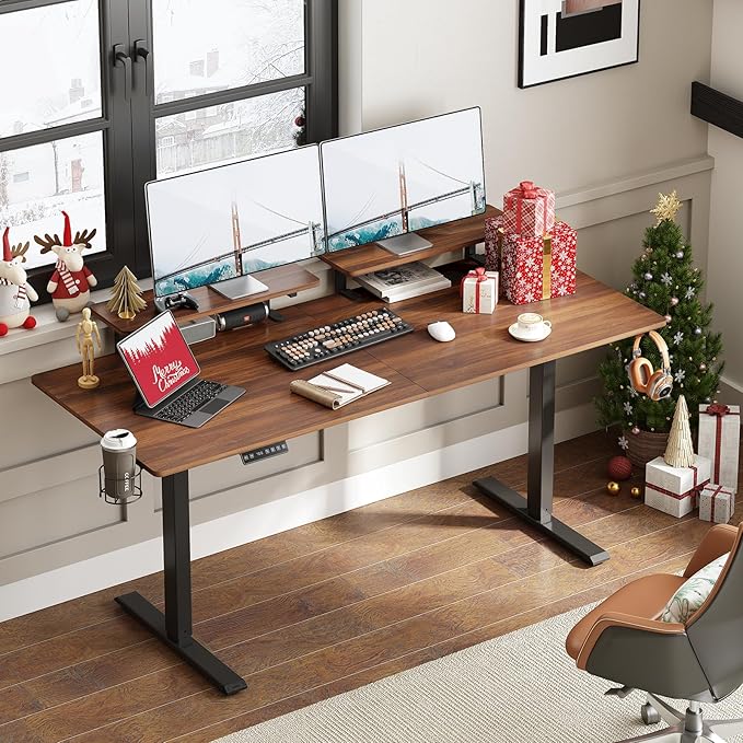 ONBRILL Standing Desk with 2 Adjustable Monitor Shelves, 63 x 24 Inches Electric Stand Up Desk with Memory Controller and Adjustable Height from 28-46 inches for Computer Workstations, Walnut