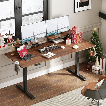 ONBRILL Standing Desk with 2 Adjustable Monitor Shelves, 63 x 24 Inches Electric Stand Up Desk with Memory Controller and Adjustable Height from 28-46 inches for Computer Workstations, Walnut