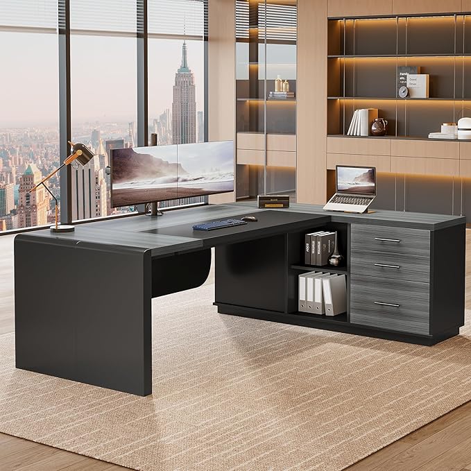 Tribesigns 81-Inch L-Shaped Executive Desk, Large Modern Office Desk with Drawers and File Cabinet for Home or Business Workspace, Grey & Black Computer Desk with Storage Shelves