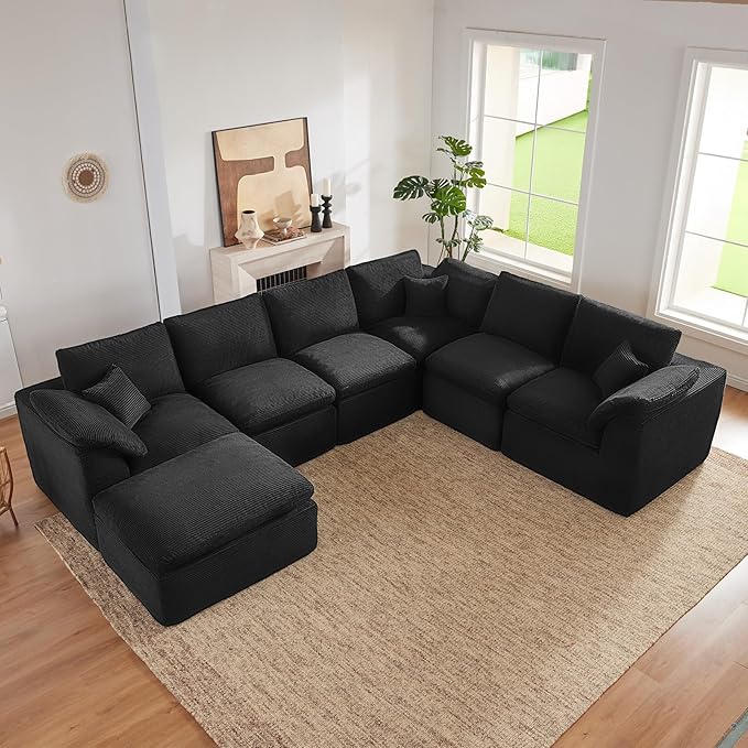 143" Cloud Sectional Couch, Boneless couches for Living Room, 7 Seater Large Modular Sectional Sofa with Deep Seat, Comfy Soft Cushions, No Assembly, Black