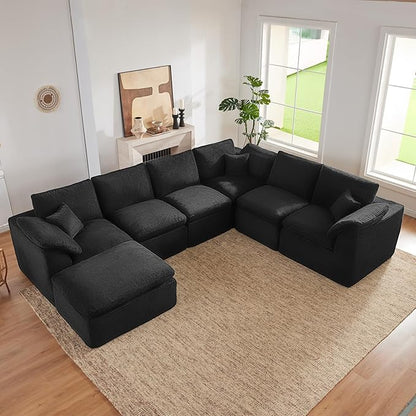 143" Cloud Sectional Couch, Boneless couches for Living Room, 7 Seater Large Modular Sectional Sofa with Deep Seat, Comfy Soft Cushions, No Assembly, Black