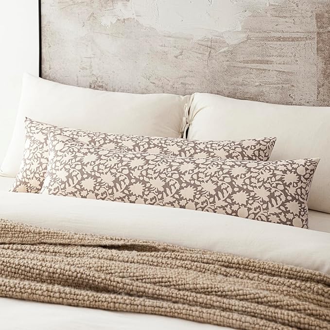Foindtower Set of 2 Decorative Floral Long Body Lumbar Throw Pillow Covers Neutral Farmhouse Cushion Covers Boho Vintage Pillowcase for Couch Sofa Bedroom Living Room Home Decor,14×36 Inch,Tan