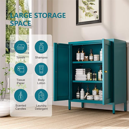 Metal Bathroom Cabinet, Small Floor Storage Cabinet, Freestanding Sideboard with 2 Adjustable Shelves for Living Room, Dinging Room (Blue, 31.5" H-2 Doors)