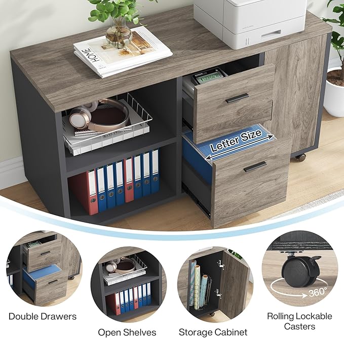 Tribesigns 71 inch Executive Desk, L Shaped Desk with Mobile File Cabinet, Executive Office Table with 2 Drawers and Storage Shelves, Business Furniture Workstation for Home Office, Grey and Black