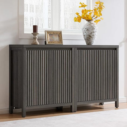 SICOTAS Sideboard Buffet Cabinet with Storage, Fluted Credenza Console Cabinet with Adjustable Shelves, Modern Coffee Bar Storage Cabinet for Kitchen, Living Room, Entryway, Black Oak, 2 PCS