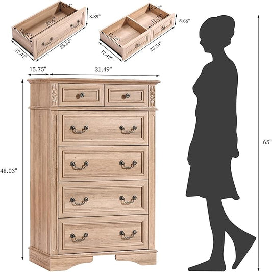 Dresser for Bedroom with 6 Drawers, 48" Tall Natural Dresser for Storage and Organization, Farmhouse Chest of Drawers for Living Room, Closet, Hallway
