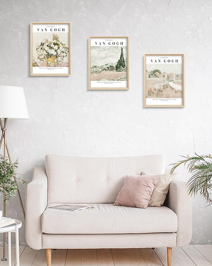 HesenDot Van Gogh High Framed Wall Art Set of 3, 12x16in Neutral Floral Canvas Prints, Abstract Landscape Artwork for Living Room Bedroom Gallery Office Home Décor