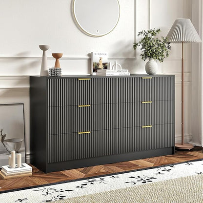 3-Piece Modern Bedroom Furniture Set, Wide 6-Drawer Dresser & 1-Drawer Nightstands Set of 2, Natural Wood Dresser and Nightstand Sets for Bedroom, Hallway, Black